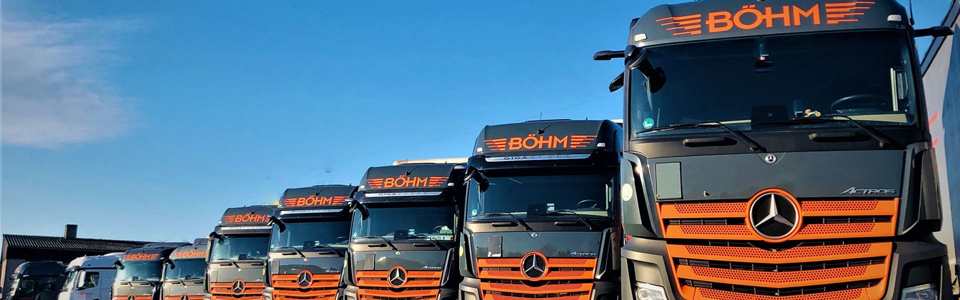 Viele LKWs von der Böhm Güterverkehrs GmbH in einer Reihe aufgereiht