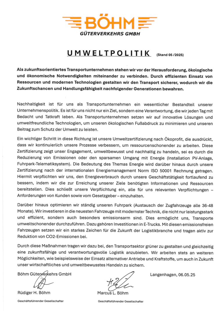 Umweltpolitik 2025 - Böhm Güterverkehrs GmbH